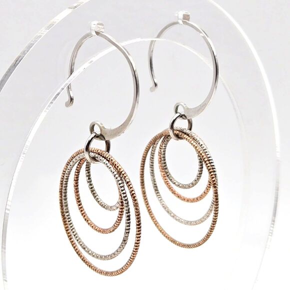 Dyadema 925 Made in Italy Rose Gold Plated and Silver Dangle Multi Hoop Earrings - Picture 1 of 5